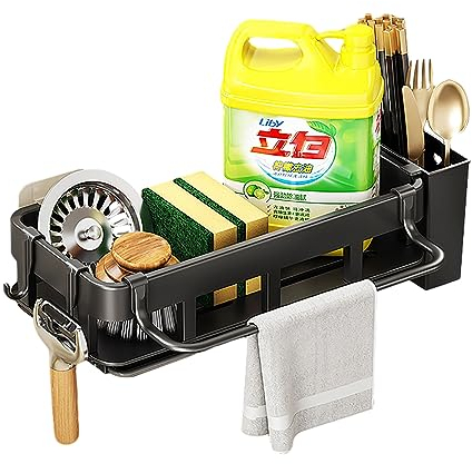 youjia Soporte Estropajo Fregadero de Acero Inoxidable Organizador para Fregadero de Cocina Organizador Sink Caddy con Bandeja Extraíble Tubo de Palillos Toallero y Ganchos Accesorios de Cocina