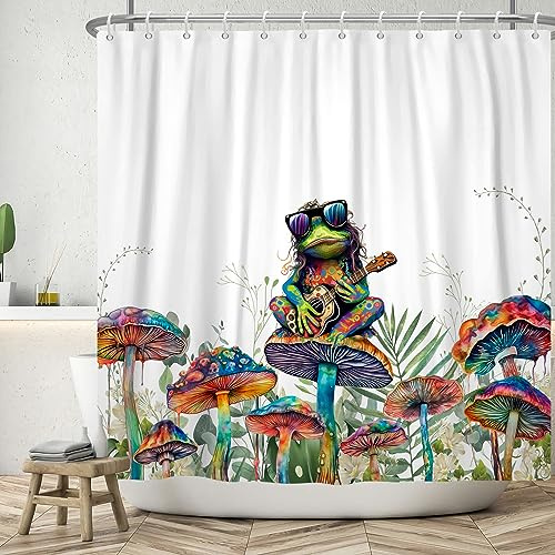 ASDCXZ Divertida Cortina de Ducha 180x180 cm, Divertida Rana Punk Tocando Guitarra Coloridas Flores de Setas Hojas Cortinas de Ducha Lavables Textil Cortina de Ducha Impermeable con 12 Ganchos