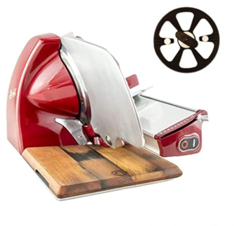 Berkel Trancheuse Home Line 200 Plus en rouge - Trancheuse de cuisine incl. détachant de couteau et planche en bois de tonneau faite à la main unique - Offre spéciale