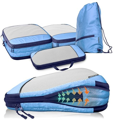 Compression Packing Cubes Set - Packwürfel Koffer Organizer Set Kompression | 40-50l, blau, 2x mehr Platz im Koffer & Rucksack, reißfest, wasserfestes Fach, Backpacking, Sightseeing, Familienausflüge