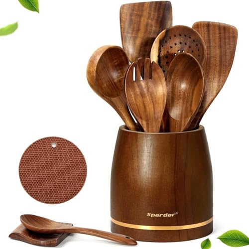Spardar Utensili da Cucina in Legno, Set da 9 Pezzi di Cucchiai in Legno con 6 Cucchiai in Teak, Ripiano Cucchiaio, Presina, Porta Utensili da 4,2 Pollici, Decorazione Cucina e Regalo Di