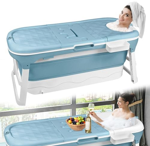 Suusolny Baignoire pliable pour adulte - 128 x 62 x 53 cm - Pour petite salle de bain - Avec couvercle amovible, panier à savon et rouleaux de massage - En plastique robuste - Bleu