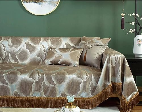 Bishilin Couchbezug für Sommer 190x380CM, Sofa Überzug 4 Sitzer Ecksofa Braun Blätter Motiv mit Quasten Sofaüberwurf rutschfest Sofabezug Universal