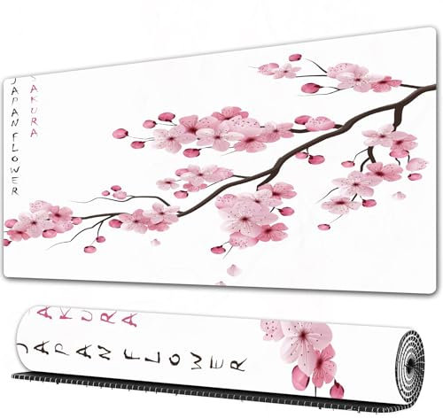 EOMKSE Grand Tapis de Souris de Jeu,Fleur de Cerisier de Couleur Pastel. Branche de Sakura du Japon avec des Fleurs,avec Bords surpiqués et Dos antidérapant,sous-Main pour Clavier et Souris,40x90 cm