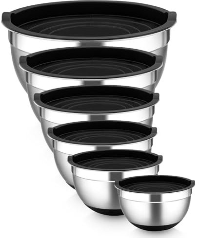 Homikit Mixing Bowl Set of 6, Stainless Steel Salad Bowls with Airtight Lids for Baking Serving Storing, Nesting Bowls & Silicone Base, Dishwasher Safe, Size 0.7/1.2/1.6/2.5/2.8/4.6 L - Black