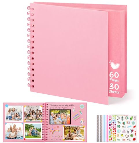 DazSpirit Scrapbook Photo Album, 8-inch Personalized Photo Book, DIY Memory Album With 5 Album Stickers, Square Hardcover Scrapbook for Wedding, Babies and Anniversaries, Pink, 30 Sheets