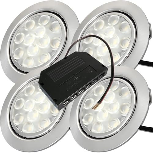 Rolux 4er Set LED Möbelleuchte Einbauspots Edelstahl Gebürstet flach 3W warmweiß 3200K 200lm 12V für das Wohnzimmer, Küche und Bad. Lochausschnitt 55-60 mm. D = 65 mm. Mit Mini-Verteiler