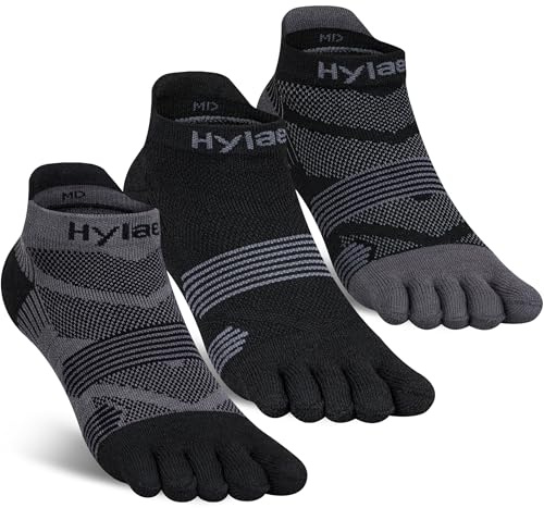 Hylaea Five-Toe Socks, Coolmax Ankle Athletic Running Socks, Moisture Wicking & Max Cushioning, Black Grey Black Medium