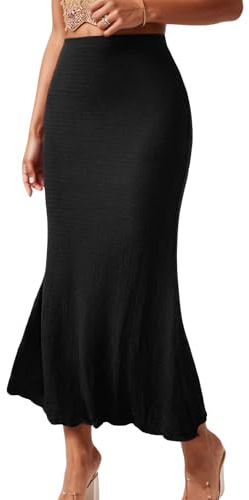 Ausing Falda larga entallada con volantes para mujer, suave, envolvente, falda midi de cola de pez para uso casual, trabajo, oficina, playa, uso diario, cómoda, cintura alta, color liso, tallas S-XL,