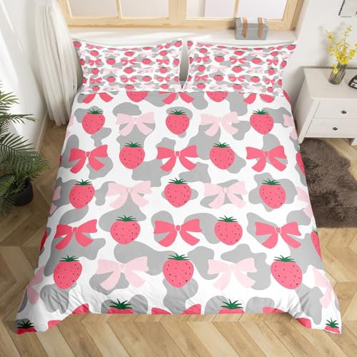 Juego de funda de edredón con lazo rosa y rojo, estampado de vaca lechera gris y blanco para niños, niñas y adolescentes, juego de cama de fresa kawaii, funda de edredón con lazo de coqueta de dibujos