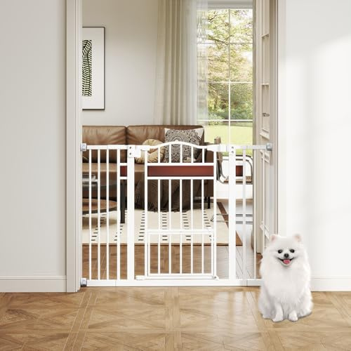 COSTWAY Türschutzgitter Hunde, 76 cm hoch, 74-104 cm, Absperrgitter Metall, Schutzgitter mit Kleiner Tür, 2 Erweiterungen, Schließautomatik, Türgitter ohne Bohren, Hundegitter ausziehbar (Weiß)