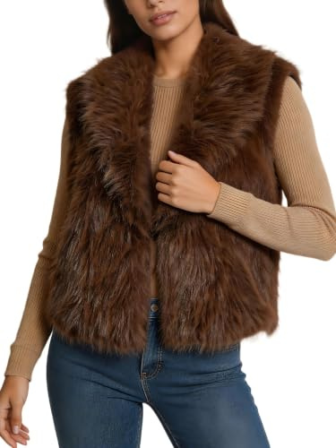 Amazhiyu Gilet en fausse fourrure pour femme, cardigan à revers ouvert sur le devant avec poches, sans manches, col en V, gilet pelucheux pour hiver/automne