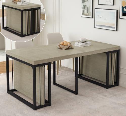 KEIKI 23.62 - 118 L Extendable Foldable Dining Room Table for 2-10 People, Wood Modern Rustic Rectangle Expandable Kitchen Living Meeting Room Furniture, 5 Tabletop Length Options