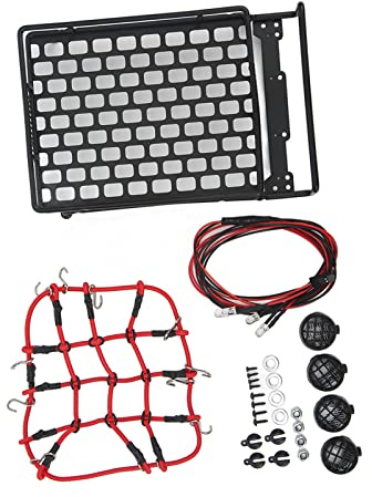 BONKZEBU RC Car Roof Rack Universal Portable RC Roof Rack Luggage with Luggage Net LED Lights for 1/10 1/12 1/14 Universal RC Car (Round Lamp)