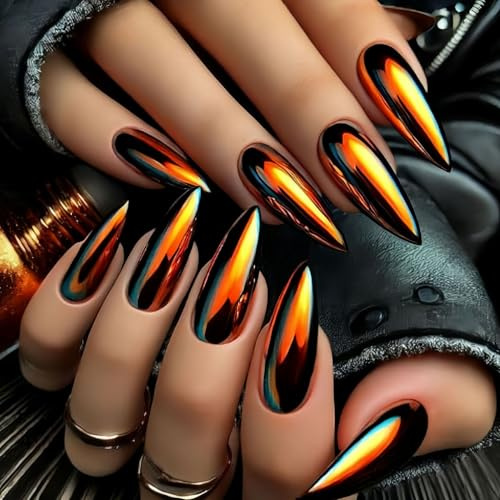 Goldplattierte künstliche Fingernägel mit Spiegeleffekt, Stiletto-Optik, Metallic-Chrom, goldene Acryl-Klebe-Nägel für Damen, Maniküre-Dekoration, 24 Stück