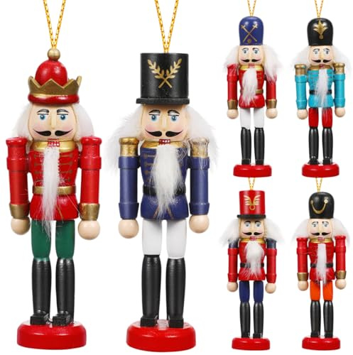 iplusmile 6 Stück Nussknacker Baumschmuck: 13cm Traditionelle Weihnachts Nussknacker aus Holz Hängende Ornamente Weihnachts- Und Erntedankdekorationen für Weihnachtsbaum, Kamindekor