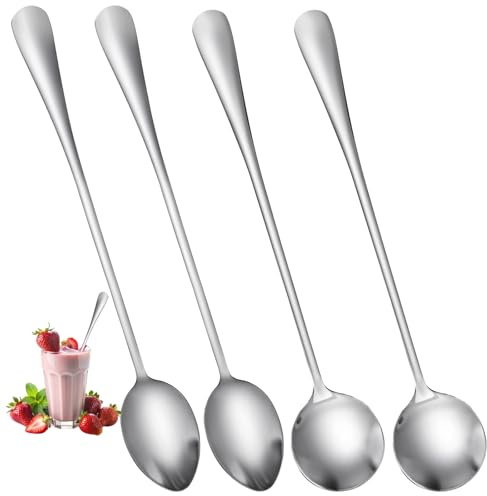 Tyqour 4 PCS Latte Spoons Long Teaspoons Stainless Steel Long Handled Teaspoons Tea Spoons Perfect for Iced Tea, Ice Cream, Coffee, and More, Durable and Elegant Design