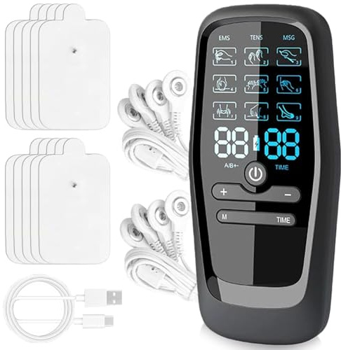 Appareil de thérapie TENS contre la douleur : Appareil TENS/EMS/Massage, stimulateur électrique multifonctionnel, stimulateur musculaire rechargeable à 2 canaux avec 9 modes et 10 électrodes