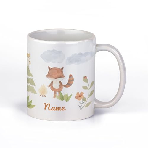Kindertasse Kita personalisiert mit Namen, Aquarell Waldtiere | Becher mit Wunschname, Fuchs, Reh und Eule – für Kindergarten, Kita und zu Hause
