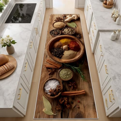 Generisch Teppich Flurläufer Lang Vintage Holzplanken Maserung Gewürze Teppichläufer Küchenläufer Küche Teppiche rutschfest Zutaten Und Gewürze Waschbar Bettvorleger Flur läufer 90x210 cm