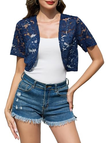 Sopesil Boléro Dentelle Élégant Femme Cardigan Léger Transparent Manches Courtes Veste d‘Été pour Soirée ou Mariage Tailles S-XXL