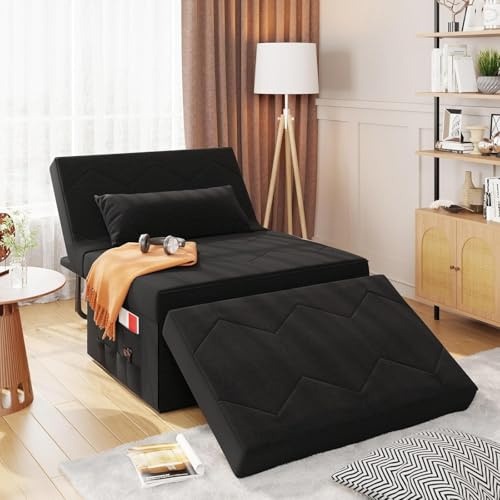 FiveWillowise 4 in 1 Sleeper Chair, Convertible Sleeper Sofa with Ottoman, Ottoman Bed for Adults, Sofa Bed with Adjustable Backrest for Living Room Apartment Office, Black