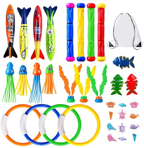 Juguetes de Buceo Piscina - con Palos y Juegos flotantes de Playa,Juguetes de Buceo de Verano 35 Piezas Tipo Gema - para Verano, Exteriores, Viajes, jardín, Parque acuático, niños y