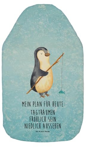 Mr. & Mrs. Panda Wärmflasche Pinguin Angler - Geschenk, Pinguine, Wärmekissen, Bettflasche, Tagträume, Kinderwärmflasche, Wärmflasche mit Bezug,