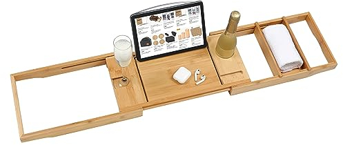 Van Henry Bambus Badewannenablage Badewannenbrett ausziehbar und rutschfest inkl. Getränkehalter, Buchstütze und Ablage 75-105 x 23 cm