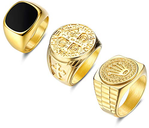 Adramata Wide Siegelring Edelstahl Ringe Herren Männer Bevorzugte Mode Emaille Religiöses Kreuz Krone Geschnitzter Ring Goldfarbener Vintage Hip Hop Rock Viking Ringe Verlobungsfreundschaftsring