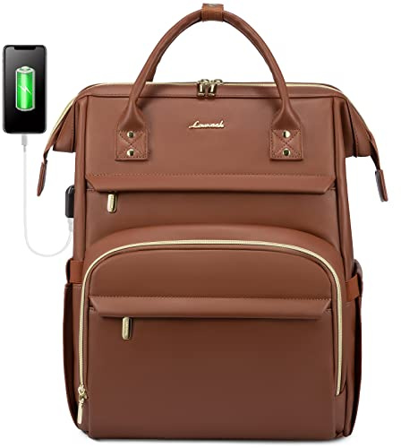 LOVEVOOK Leather Laptop Backpack for Women 15.6 inch,Travel Purse Nurse Teacher Carry On Backpack Computer Bag,Professional College Business Work Bags with USB Port,Brown