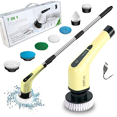 Electric Spin Scrubber, FARI Cordless Cleaning Brush with 7 Replaceable Drill Brush Heads, Tub and Floor Tile 360 Power Scrubber Mop with Adjustable Handle for Bathroom Kitchen Car (Yellow)
