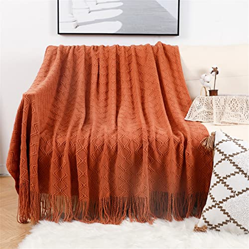 Hayisugal Gestrickte Decke Wohndecke Boho Decke Weich Wolldecke mit Quaste Kuscheldecke Sofadecke Couch Decke Überwurfdecke Tagesdecke, Orange, 150 x 200cm