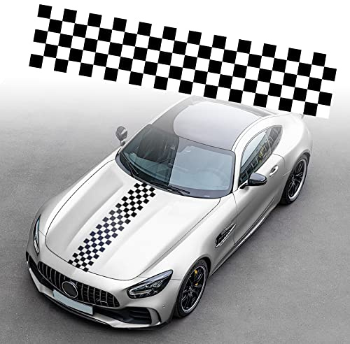 Auto Motorhaube Streifen Aufkleber Auto Racing Karosserie Seite Rock Dach Haube Stoßstange Schachbrett Aufkleber Vinyl Streifen Dekoration für Autos SUV LKW Geländewagen, Schwarz