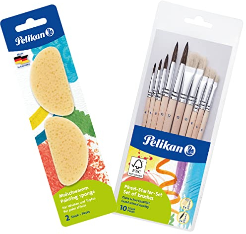 Pelikan Malschwamm 2 Stück + Pinsel Starter-Set mit 5 Haar- und 5 Borstenpinseln, Beige