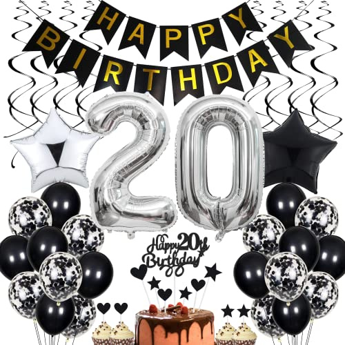 20. Geburtstag Dekoration Schwarz - Tortendeko für Männer und Frauen - Black and White Party Deko - Geburtstagsdeko 20 Jahre