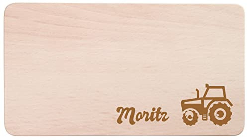 minimutz Frühstücksbrettchen für Kinder mit Namensgravur | Personalisiertes Brotzeitbrett Holz-Brett mit Traktor & Name | Persönliche Geschenk-Idee für Jungen