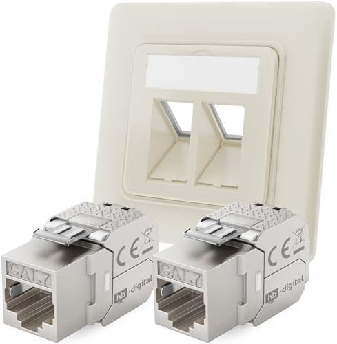 hb-digital 2-Port CAT 7 Netzwerkdose unterputz RAL9010 + 2X CAT 7 Keystone RJ45 Modul LAN Ethernet Keystone Dose Buchse Einbaubuchse für CAT 5e CAT 6 CAT 6a max. 10 Gbit/s STP - Reinweiß