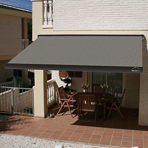 Multiple Awnings - Full Cassette Awning | Retractable Sun Shade with Textured Black Casing | Easy Open and Close Manual Hand Crank Lever | Brasilia Slim Collection | 14' W x 10' L - Grey