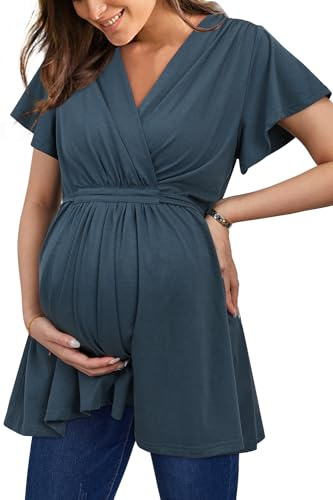 OUGES 2025 Womens Maternity Nursing Tops/Shirts Short Sleeve Wrap V Neck Tie Back Pleat Peplum Maternity Clothes/Tunic Casual Pregnancy Blouse(Haze Blue,M)