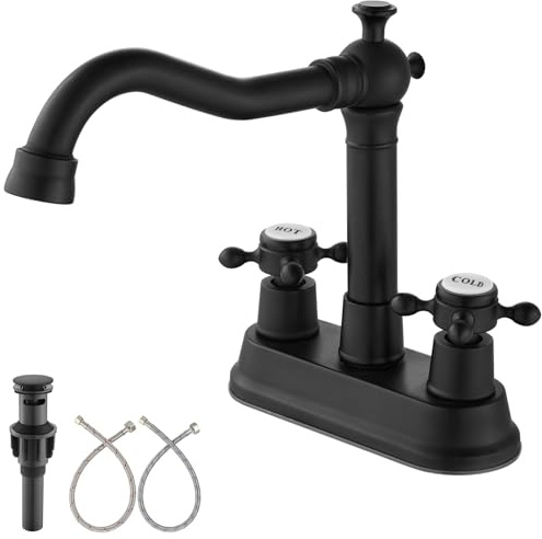 Aolemi 4 Inch Centerset Bathroom Sink Faucet Vintage 2 Cross Handle RV Mixer Tap Basin Vanity Lavatory Utility for Sink 3 Hole Include Hoses Pop Up Drain Faucet Handle with Label Matte Black