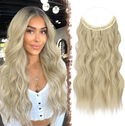 FESHFEN Secrets Haare Extensions Lange Gewellt Aschblond Haarverlängerung Invisible Secret Haarextension Synthetik Hair Unsichtbarem Haarteile für Frauen 50 cm