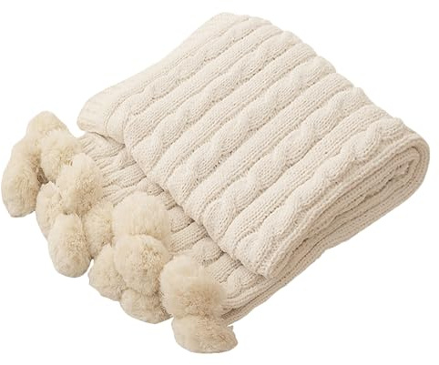 ATMOSURELY Ultraweiche, beige Chenille-Zopfstrick-Überwurfdecke mit handgefertigten Bommeln, gemütliche, Flauschige Strickdecke, leicht, warm, gewebte Bauernhausdecke für Bett, Sofa, Couch, 127 x 152