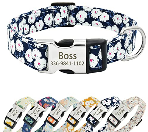 Senristar Personalisiertes florales Hundehalsband mit Namen, Benutzerdefinierte Blume Drucken Hundehalsbänder mit Gravierten Schnalle für Kleine Mittlere Große Hunde