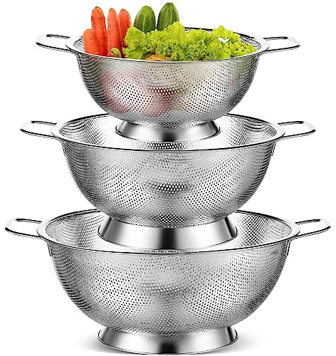 Bokon 3 Pcs Stainless Steel Colander Set Colander Bowl and Sieves 1/3/5 Quart Metal Mesh Strainer Net Basket with Handles Food Spaghetti Strainer for Kitchen Draining Pasta Rinsing(Silver)