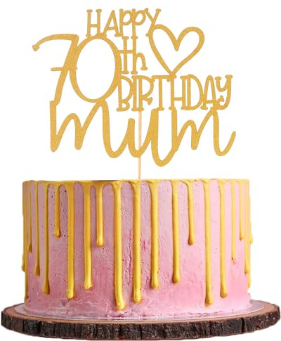 Happy 70th Birthday Mum Cake Topper - Mom Birthday Mother's Party Decorations Supplies， Gold Glitter 70th Birthday Cake Decoration