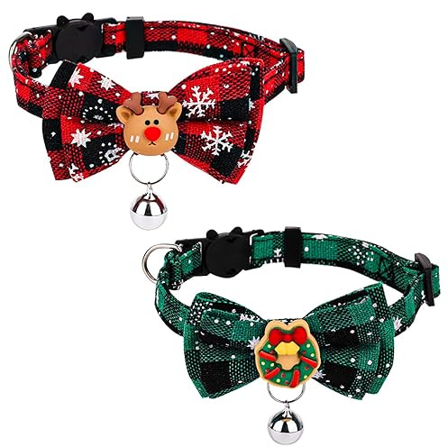 2pz Collare Natalizio per Gatti, 18-30cm Regolabile Collare per Gatti con Papillon Staccabile Collare per Gatti con Campanelli per Natale Ghirlanda di Natale