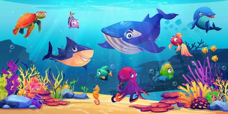 adrium Acryl-Bild 160 x 80 cm: Meeresleben, Unterwasserwelt mit Meerestieren, Korallen und Algen, Cartoon-Delfin und Hai, Wal und Fisch, Schildkröte und (168742795)