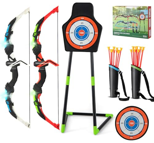 COSTWAY 2 Pack Bow and Arrow Set for Kids, LED Light Up Archery Toy Set with 20 Suction Arrows, 2 Quivers & Detachable Standing Target, Indoor & Outdoor Sport Toy Gift for Boys Girls Ages 3+