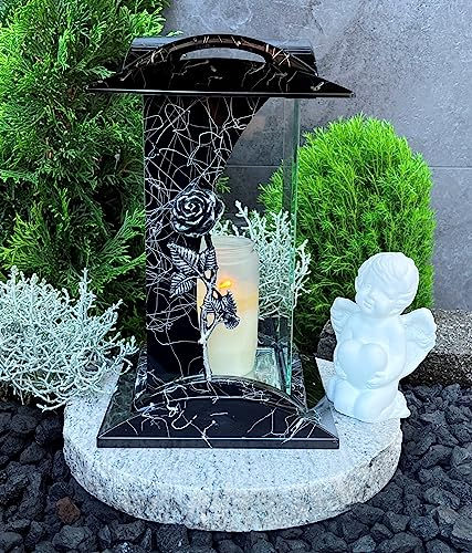 Grabschmuck-Set Grablampe mit Rose Schwarz/Silber 28,0cm mit Sockel inklusive Engel Grabschmuck Herz Grablicht Kerze Grablaterne Granitsockel Grableuchte Lampe Laterne Liebe Friedhof Grabdeko